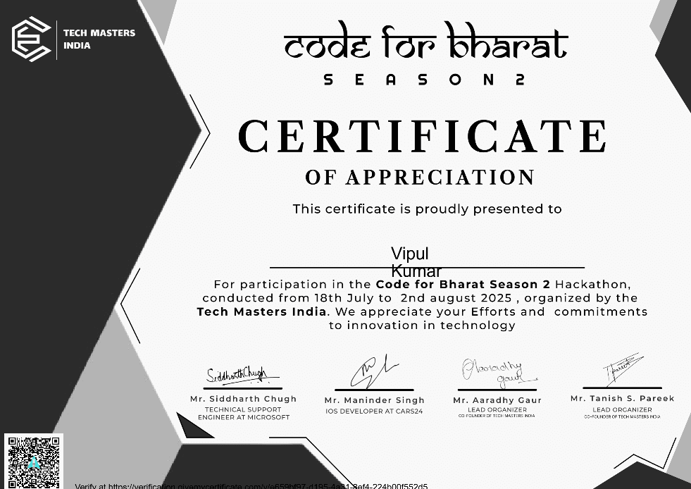 Code for Bharat - Season 2 Hackathon (Certificate of Appreciation)